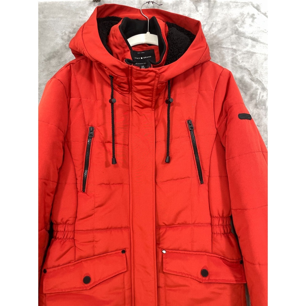 Lucky Brand Women's Small Parka Long Puffer Coat in Red Hooded Insulated - Picture 12 of 15